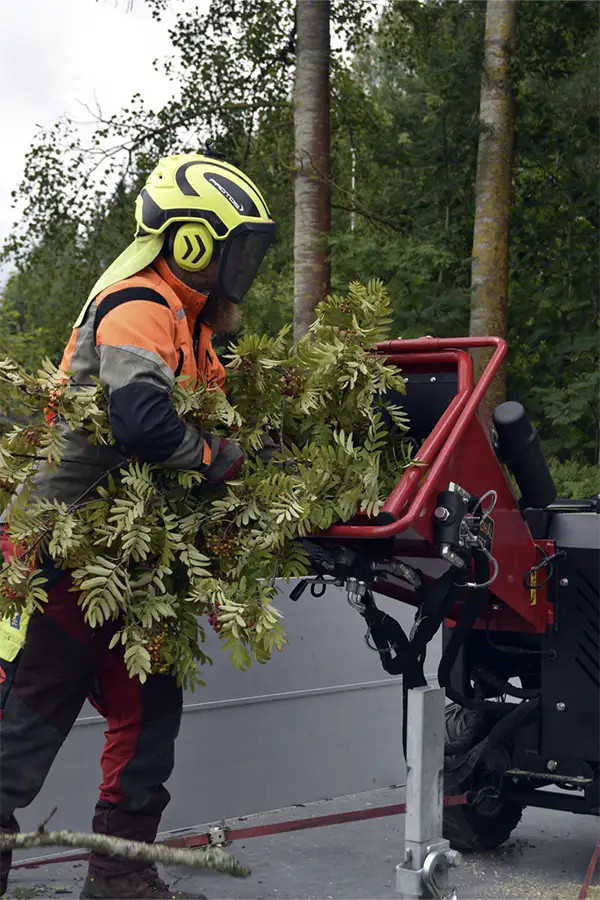Metsuri suojavarusteissa käyttää haketinta
